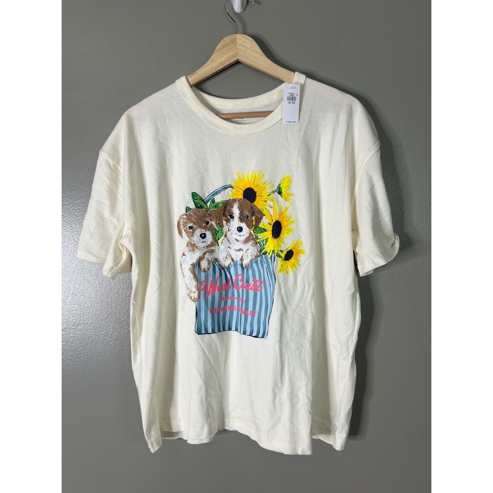 Old Navy Womens XXL Cream Puppy Sunflower West Coast Weekend Market Graphic Tee